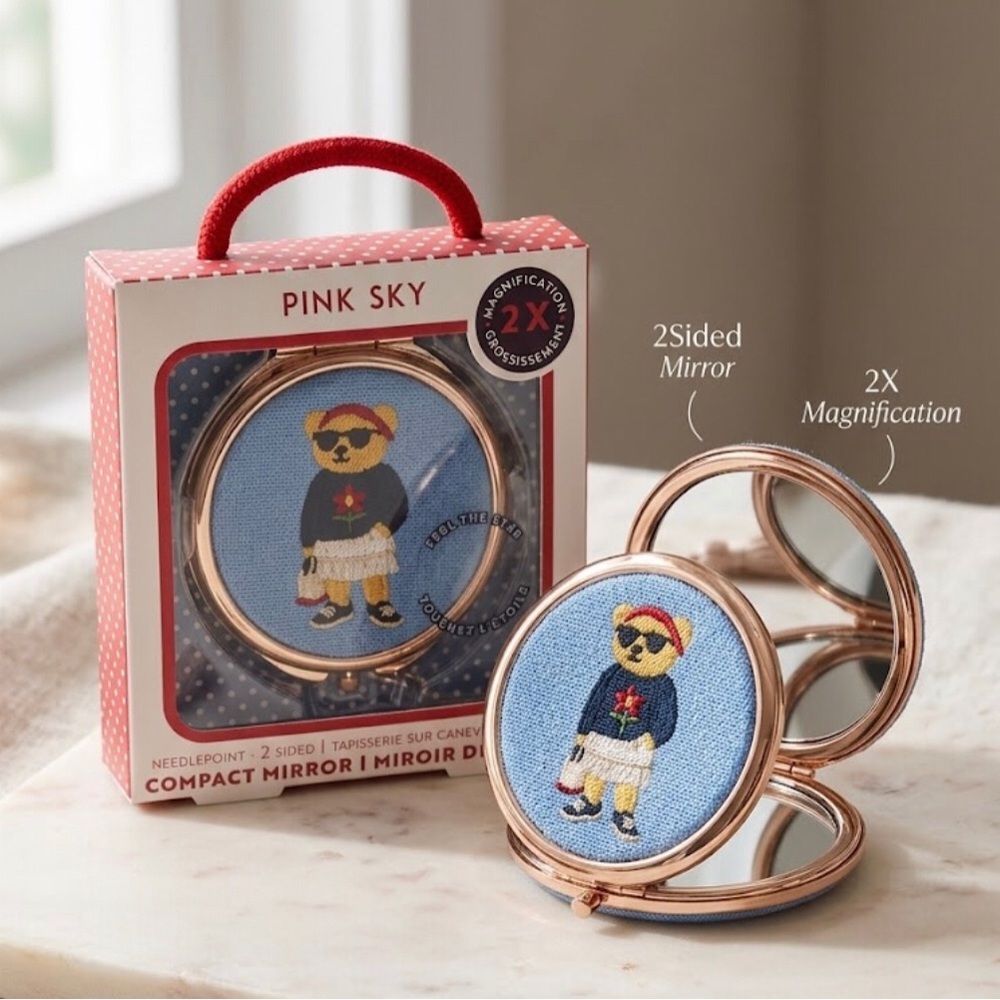 BNIB Pink Sky Gold Compact Mirror with Blue Needlepoint Bear